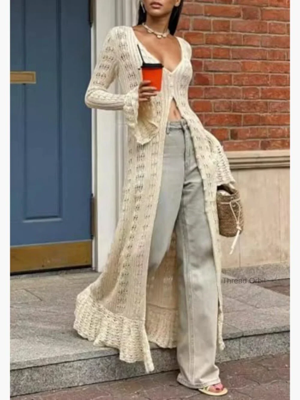 Women's Long Crochet Cardigan Bell Sleeve Ruffle Knit Lightweight Duster
